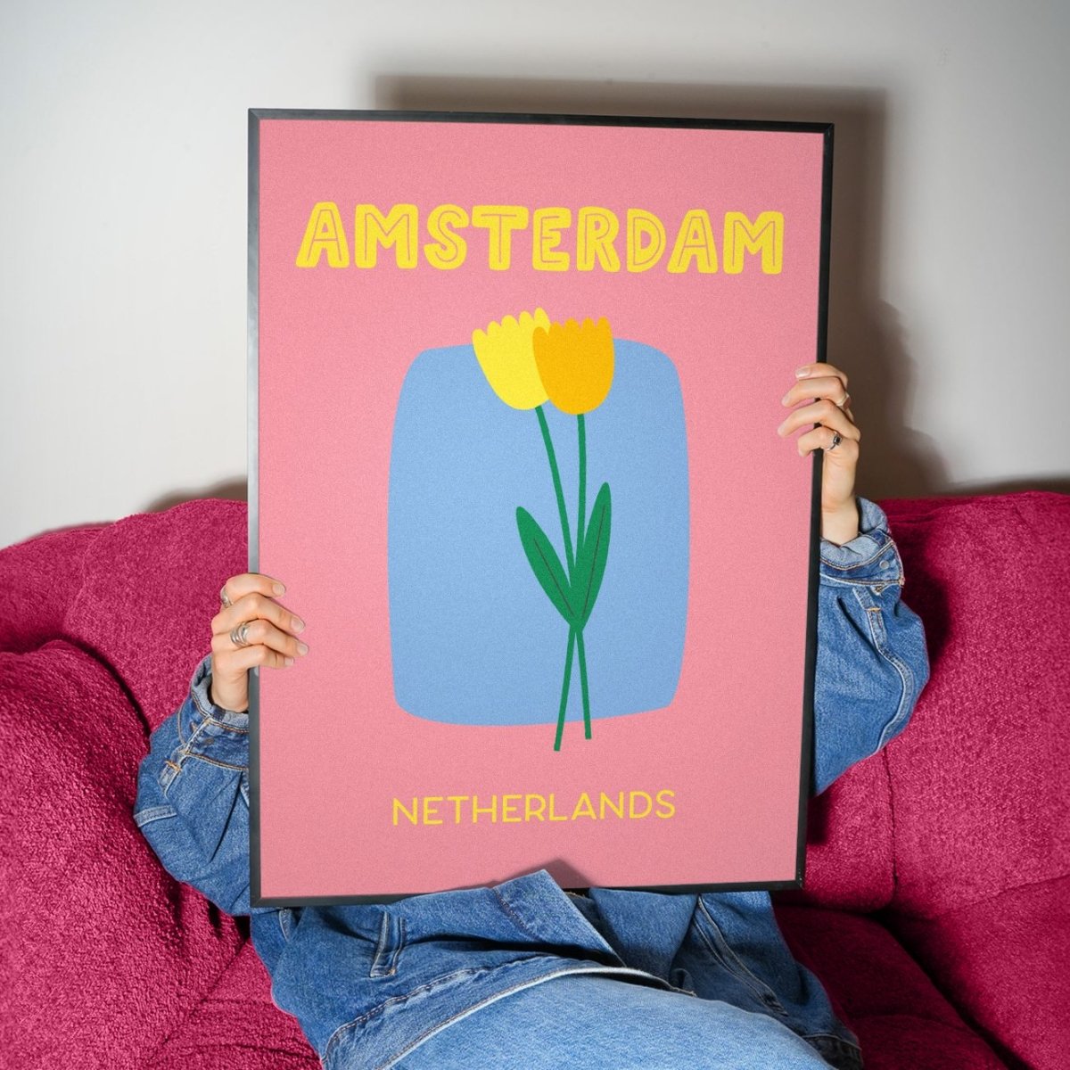 Amsterdam Poster • modernes Städteposter Amsterdam mit Tulpen in rosa - vonSUSI