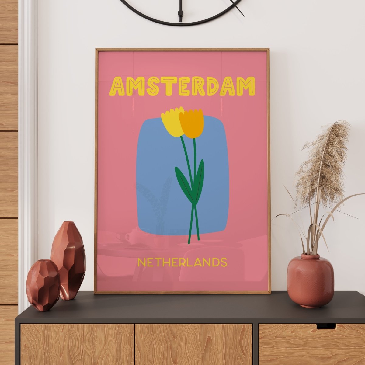 Amsterdam Poster • modernes Städteposter Amsterdam mit Tulpen in rosa - vonSUSI