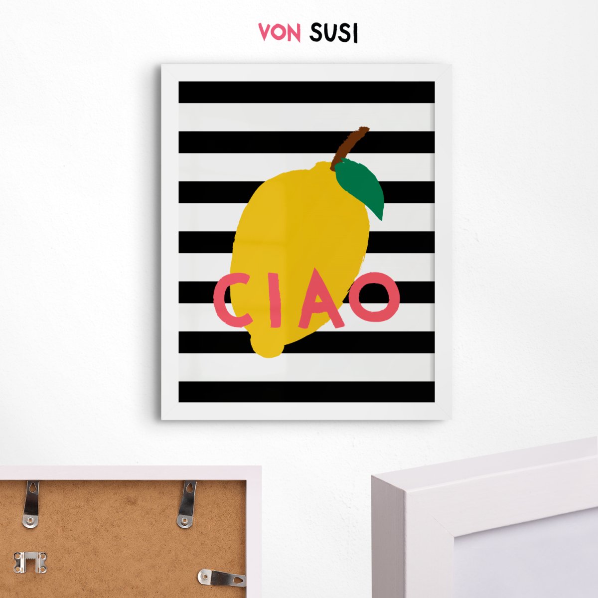 Ciao Poster mit Zitrone • Zitronen Poster • Italienische Wandkunst • Modernes Typografie Poster • Hochwertige Wandkunst • schwarz weiß gelb - vonSUSI