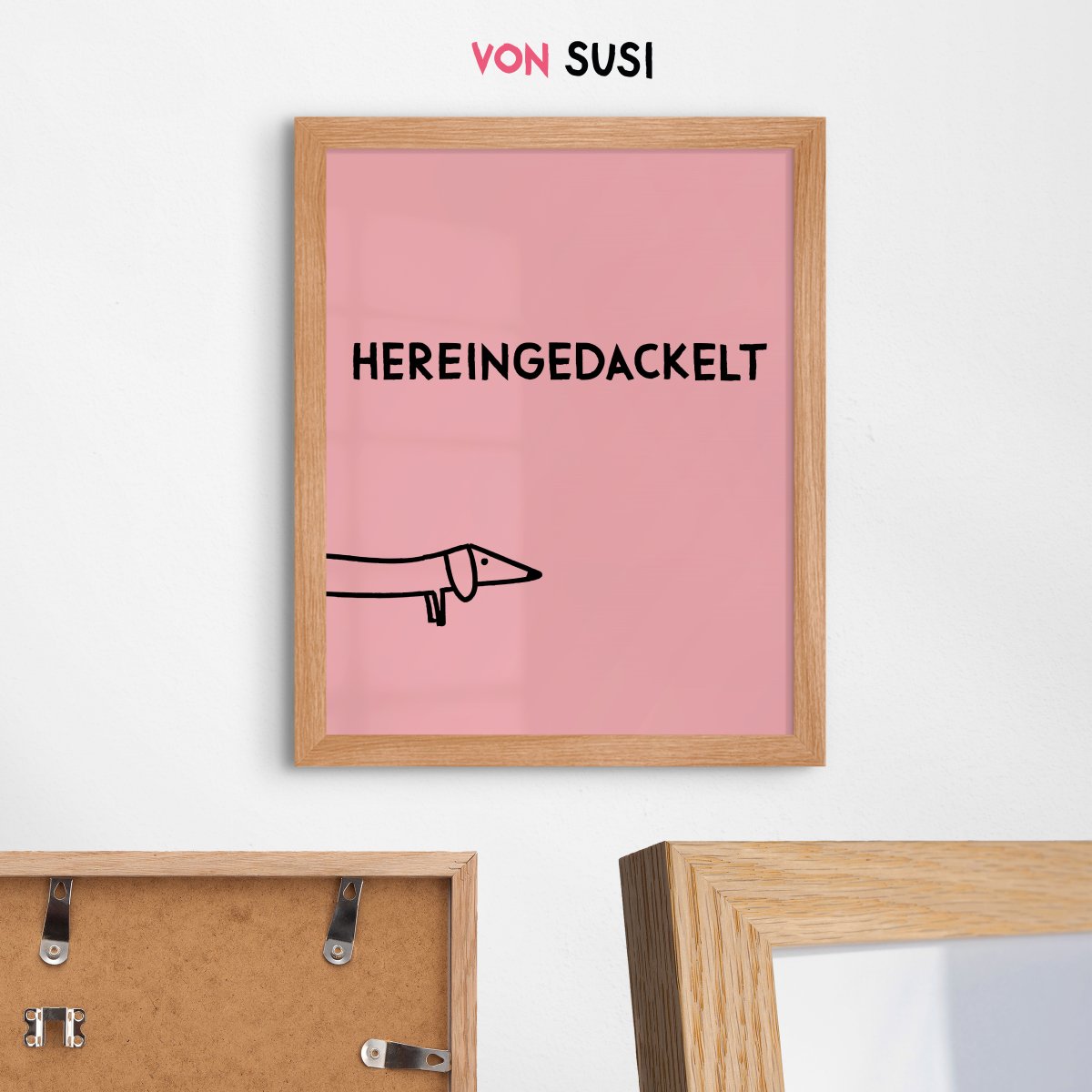 Hereingedackelt Poster in rosa im Eichenholzrahmen Natur
