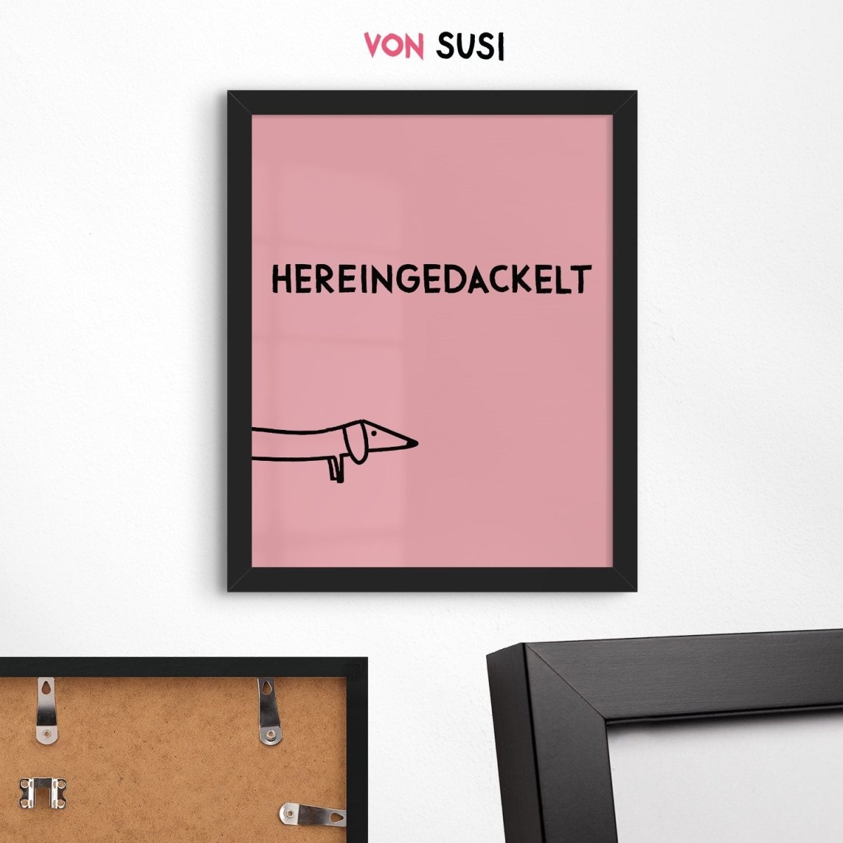 Hereingedackelt Poster in rosa im Holzrahmen schwarz