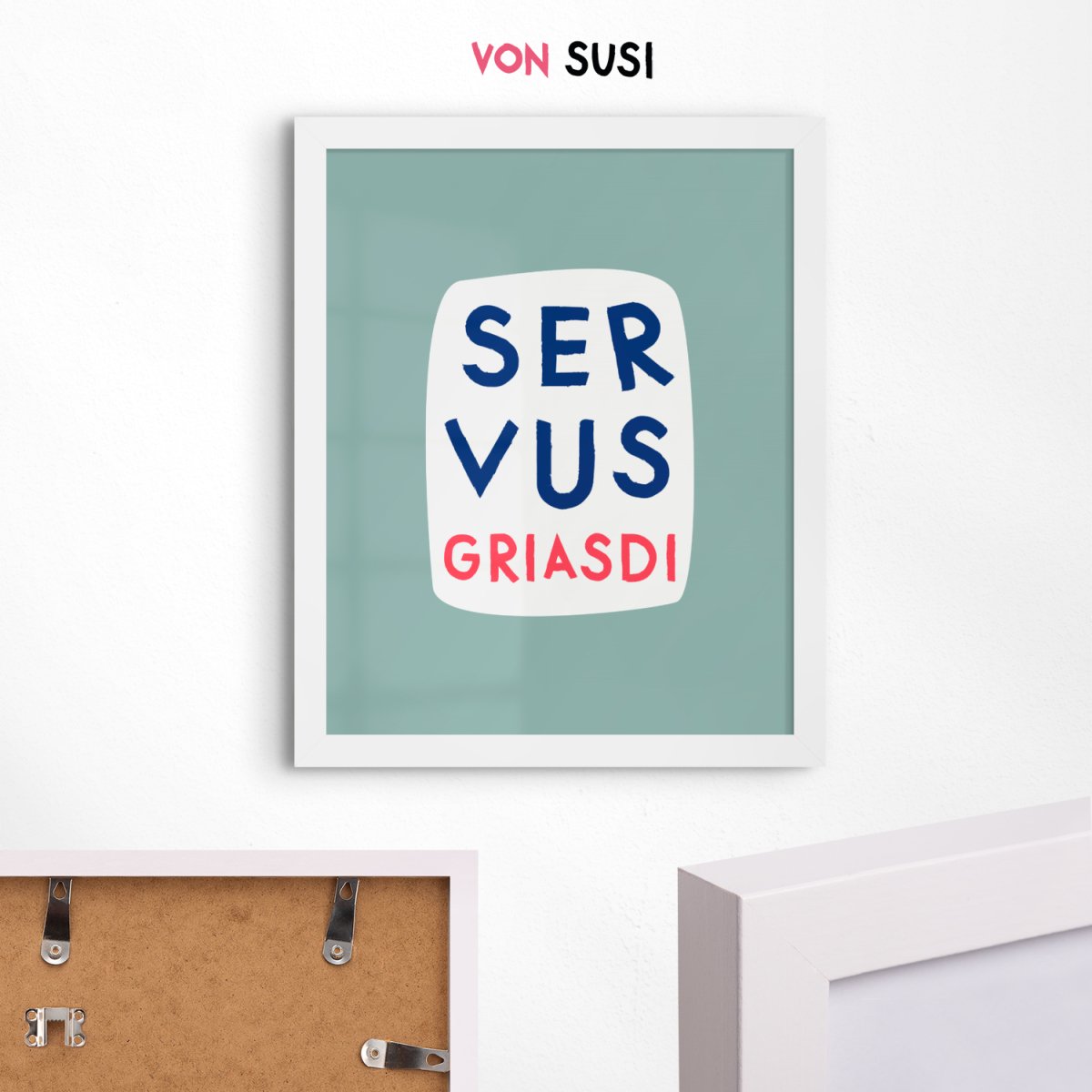 Servus Griasdi Poster in mint weiß blau • bayerischer Spruch für die Wand - vonSUSI