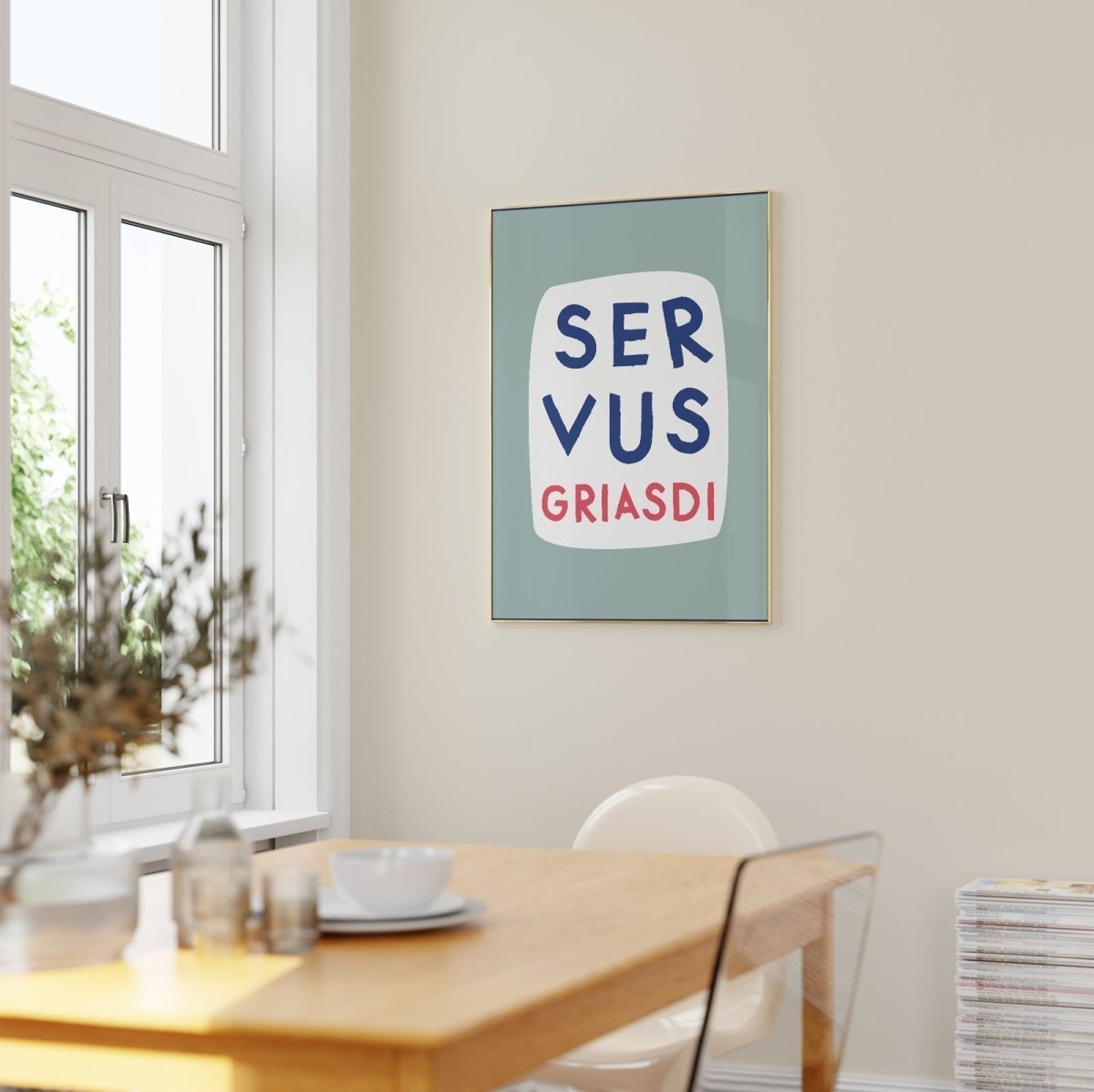 Servus Griasdi Poster in mint weiß blau • bayerischer Spruch für die Wand - vonSUSI