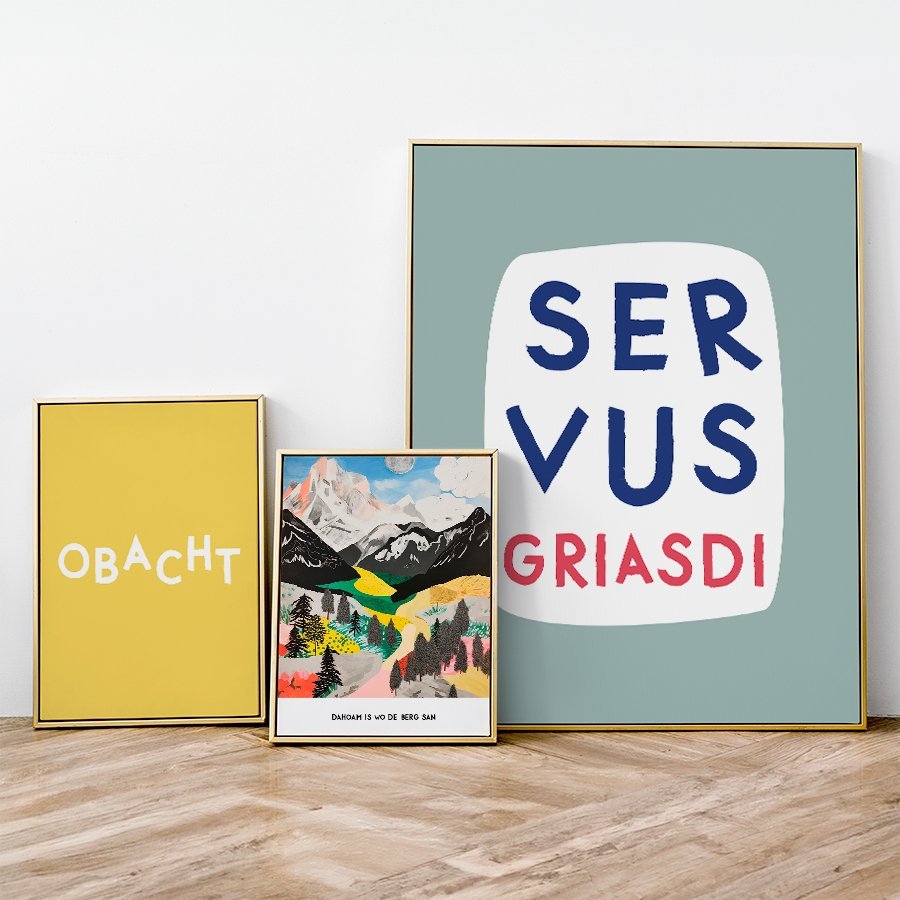 Servus Griasdi Poster in mint weiß blau • bayerischer Spruch für die Wand - vonSUSI