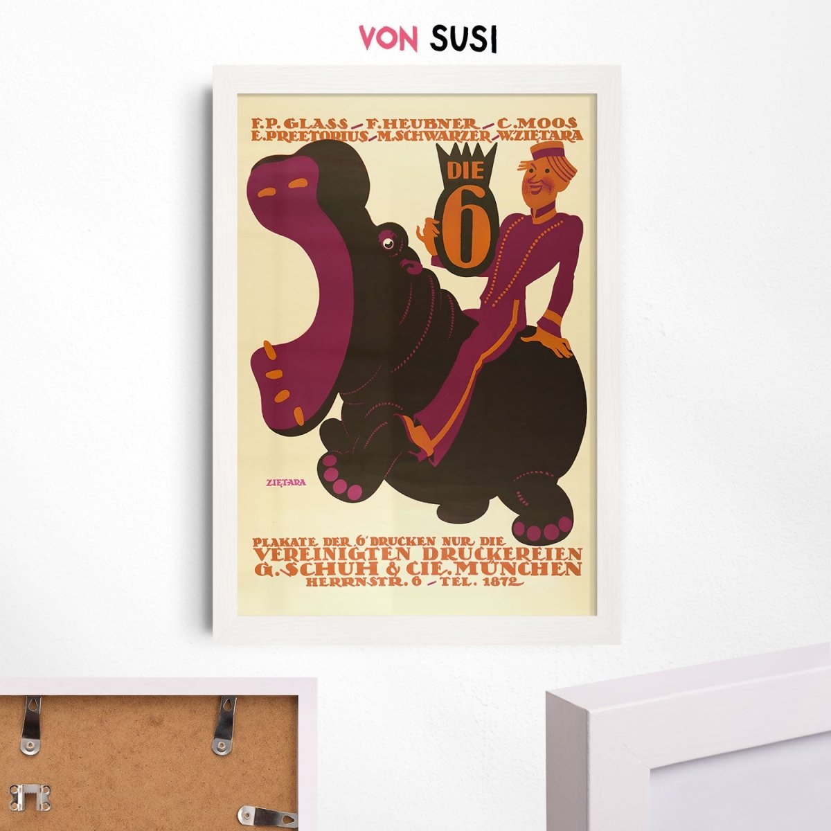 Vintage Vereinigte Druckereien Poster • Retro Plakat aus München mit Nilpferd - vonSUSI