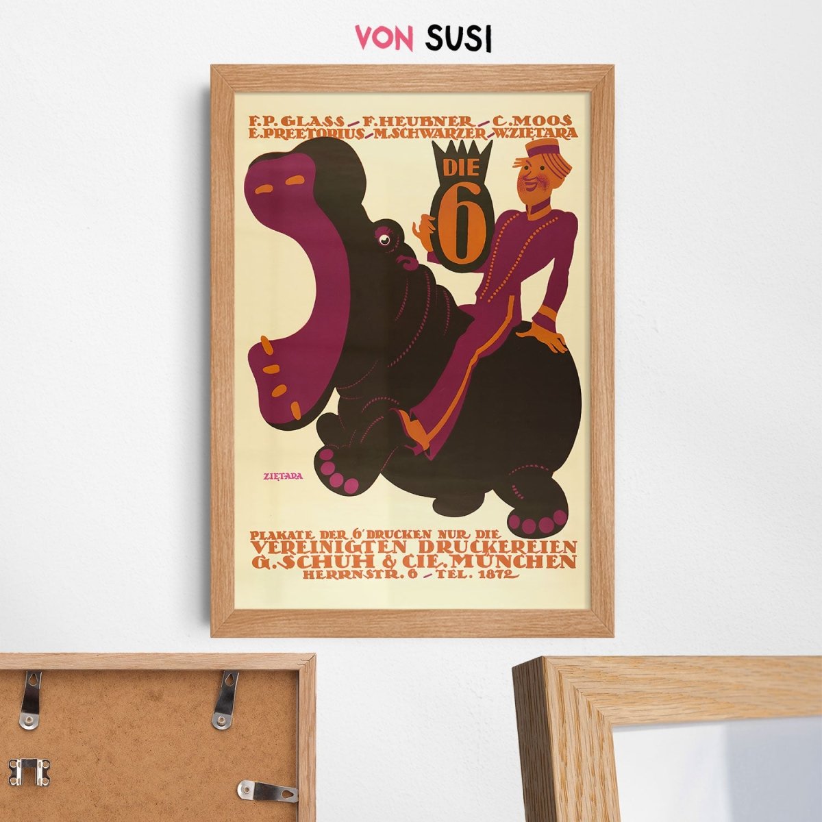 Vintage Vereinigte Druckereien Poster • Retro Plakat aus München mit Nilpferd - vonSUSI