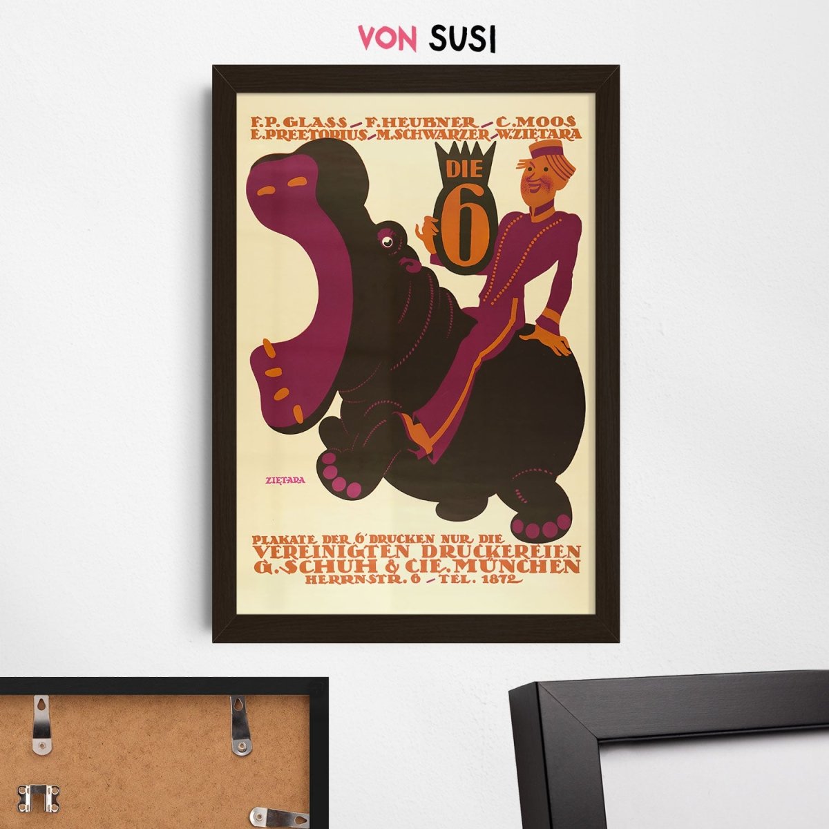 Vintage Vereinigte Druckereien Poster • Retro Plakat aus München mit Nilpferd - vonSUSI