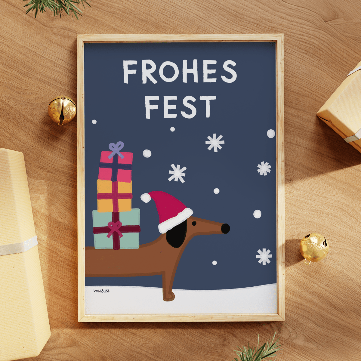 Weihnachtliches Dackelposter "Frohes Fest" • handgezeichnet und exklusiv bei vonSUSI - vonSUSI