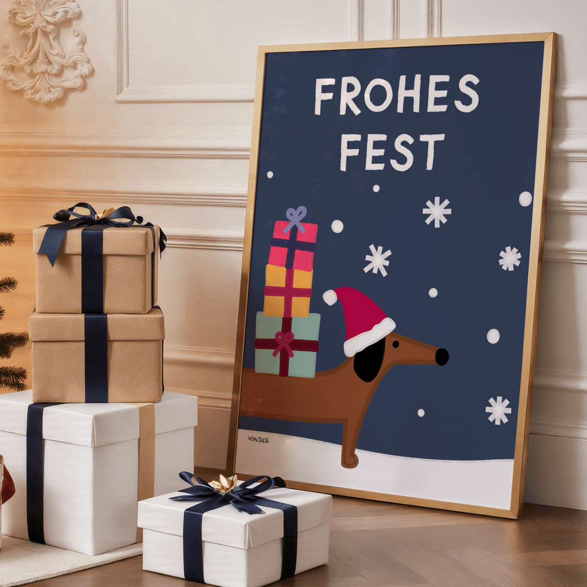 Weihnachtliches Dackelposter "Frohes Fest" • handgezeichnet und exklusiv bei vonSUSI - vonSUSI
