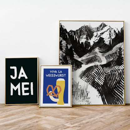 Alpen Poster in schwarz weiß • modernes Fine Art Poster mit Bergen • bayerische Berge gezeichnet - vonSUSI Poster