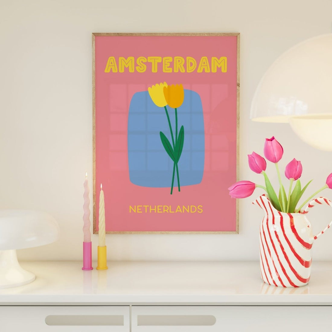 Amsterdam Poster • modernes Städteposter Amsterdam mit Tulpen in rosa - vonSUSI