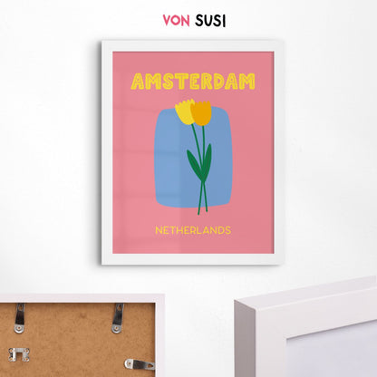 Amsterdam Poster • Städteposter Amsterdam • Tulpen Poster in rosa gelb • Poster mit Tulpen Motiv - vonSUSI