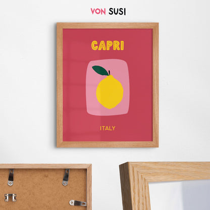 Capri Poster • Städteposter Capri Italien • Italy Kunstdruck • Poster mit Zitrone rose gelb - vonSUSI
