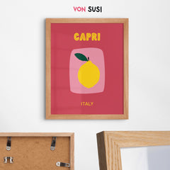 Capri Poster • Städteposter Capri Italien • Italy Kunstdruck • Poster mit Zitrone rose gelb - vonSUSI