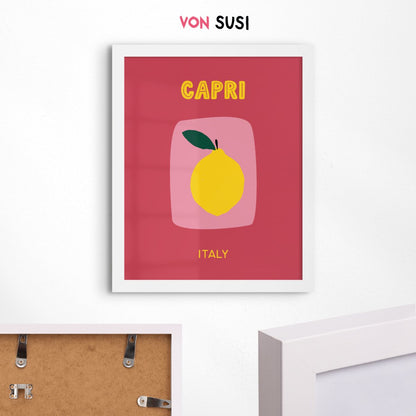 Capri Poster • Städteposter Capri Italien • Italy Kunstdruck • Poster mit Zitrone rose gelb - vonSUSI