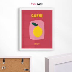 Capri Poster • Städteposter Capri Italien • Italy Kunstdruck • Poster mit Zitrone rose gelb - vonSUSI