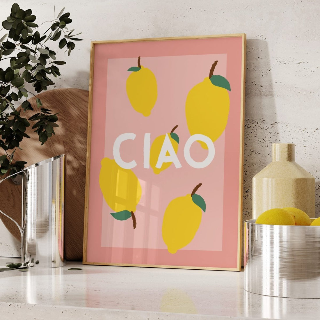 Exklusives Ciao Poster mit Zitronen im italienischen Design in korall