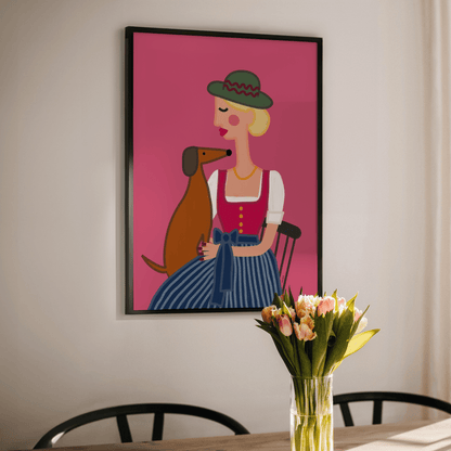 Dirndl Dame mit Dackel Poster • exklusive Illustration von Susi • bairisches Kunstwerk direkt aus München - vonSUSI