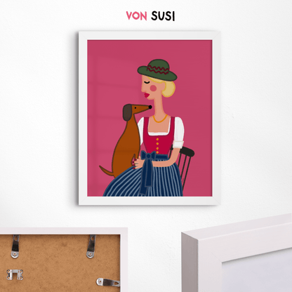 Dirndl Dame mit Dackel Poster • exklusive Illustration von Susi • bairisches Kunstwerk direkt aus München - vonSUSI