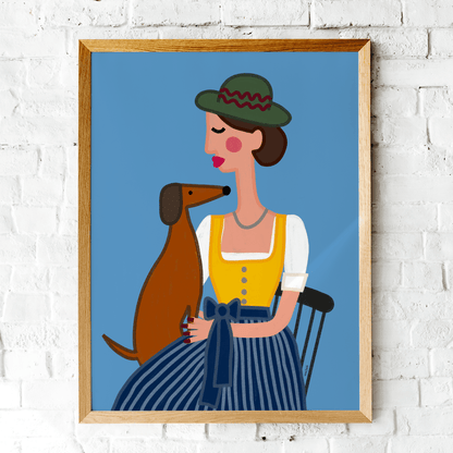 Dirndl Dame mit Dackel Poster • exklusive Illustration von Susi • bairisches Kunstwerk direkt aus München - vonSUSI