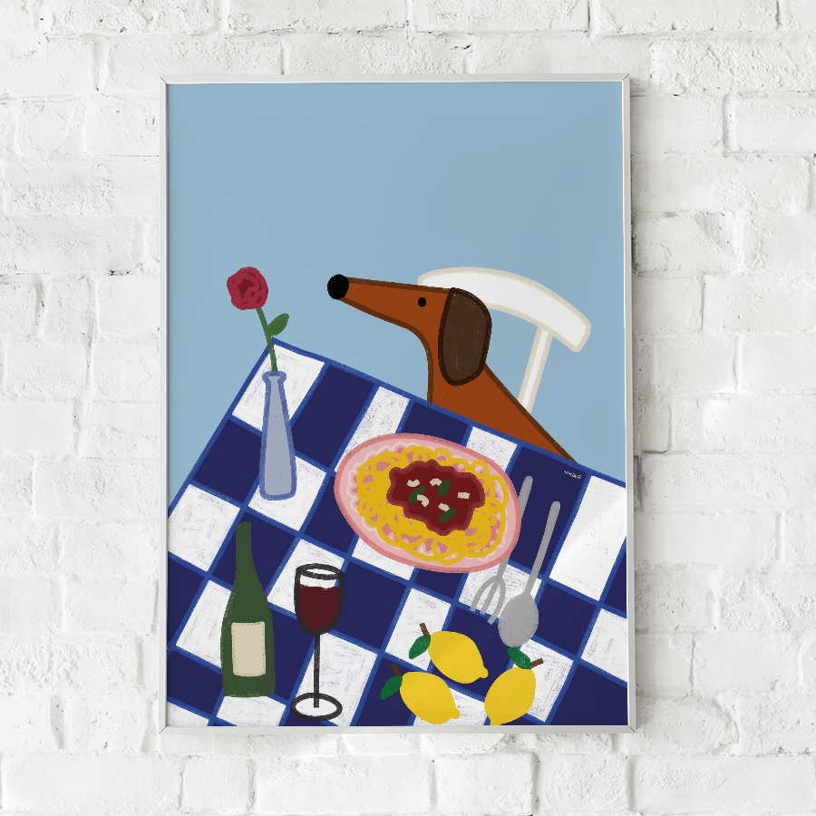 Italien Poster mit Dackel • Fine Art Kunstdruck für Urlaubs-Vibes mit Rotwein und Pasta - vonSUSI