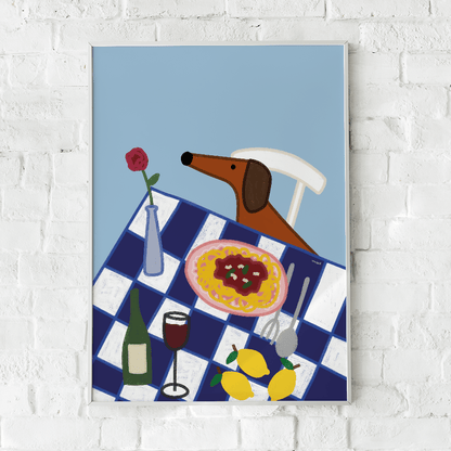 Italien Poster mit Dackel • Fine Art Kunstdruck für Urlaubs-Vibes mit Rotwein und Pasta - vonSUSI