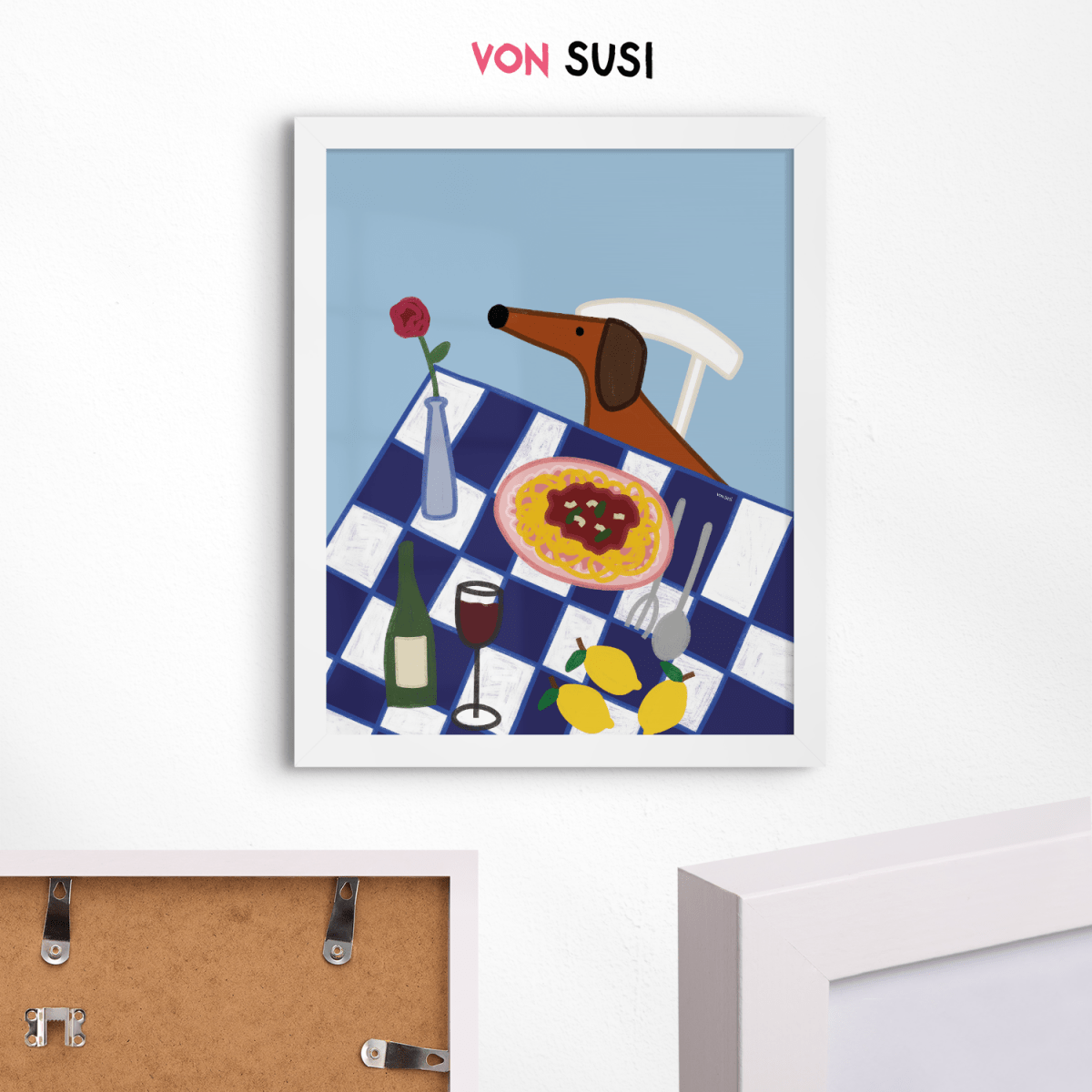 Italien Poster mit Dackel • Fine Art Kunstdruck für Urlaubs-Vibes mit Rotwein und Pasta - vonSUSI