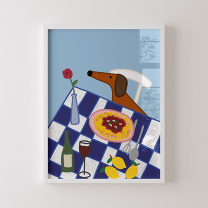 Italien Poster mit Dackel • Fine Art Kunstdruck für Urlaubs-Vibes mit Rotwein und Pasta - vonSUSI