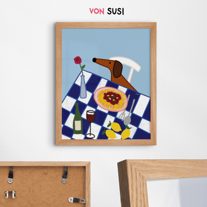 Italien Poster mit Dackel • Fine Art Kunstdruck für Urlaubs-Vibes mit Rotwein und Pasta - vonSUSI