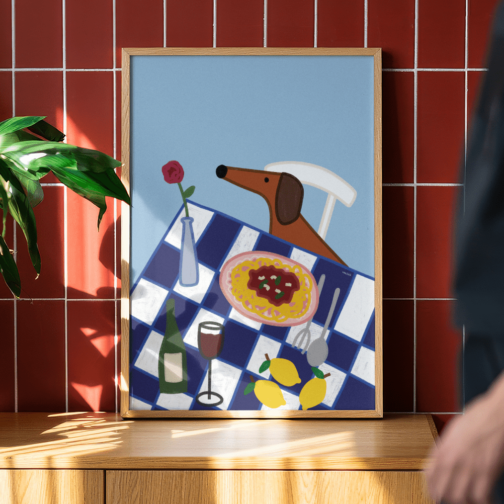 Italien Poster mit Dackel • Fine Art Kunstdruck für Urlaubs-Vibes mit Rotwein und Pasta - vonSUSI