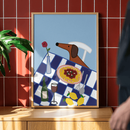 Italien Poster mit Dackel • Fine Art Kunstdruck für Urlaubs-Vibes mit Rotwein und Pasta - vonSUSI