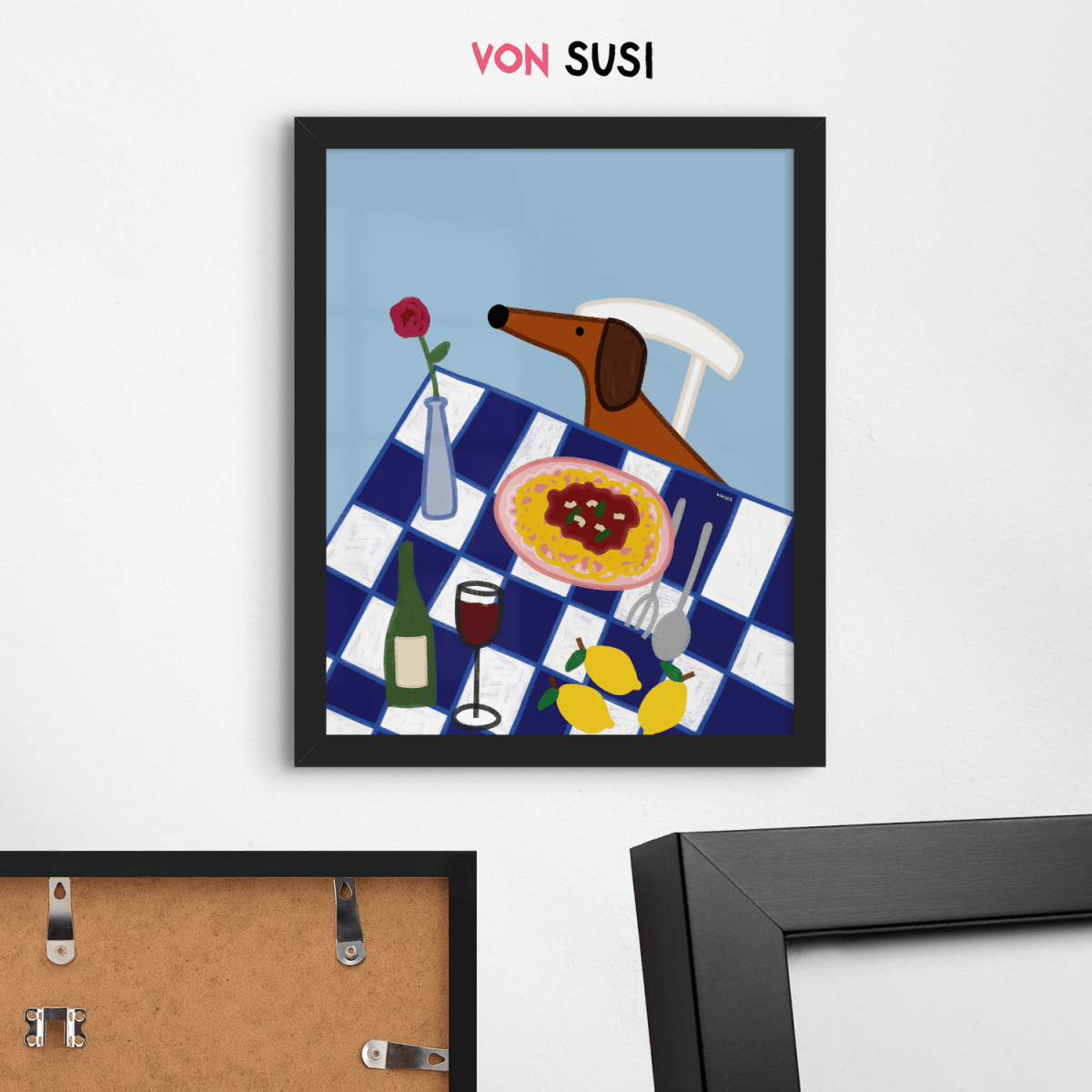 Italien Poster mit Dackel • Fine Art Kunstdruck für Urlaubs-Vibes mit Rotwein und Pasta - vonSUSI