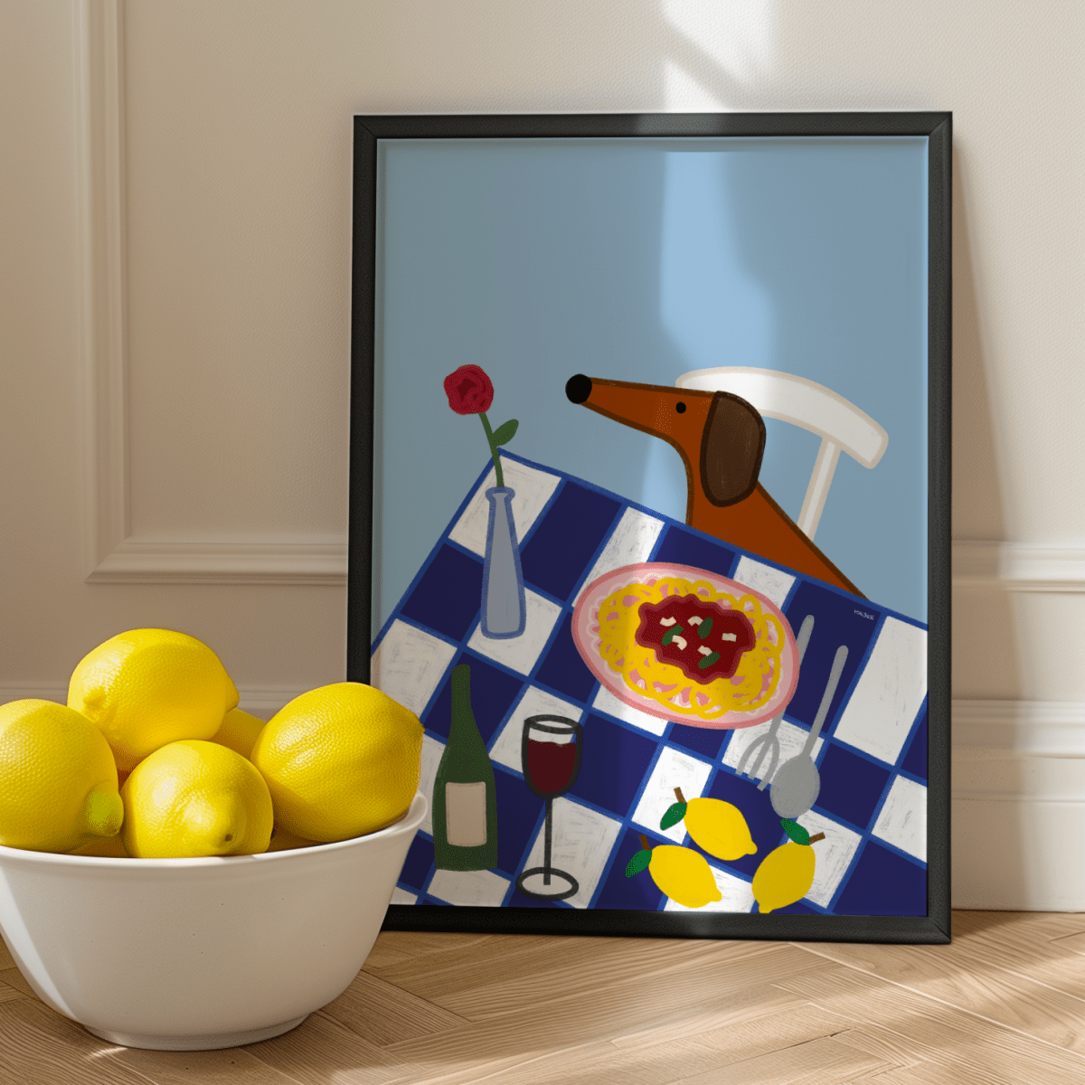 Italien Poster mit Dackel • Fine Art Kunstdruck für Urlaubs-Vibes mit Rotwein und Pasta - vonSUSI