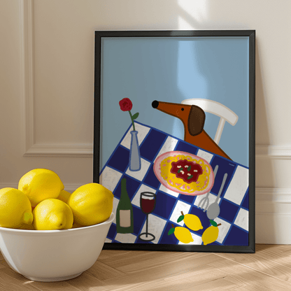 Italien Poster mit Dackel • Fine Art Kunstdruck für Urlaubs-Vibes mit Rotwein und Pasta - vonSUSI