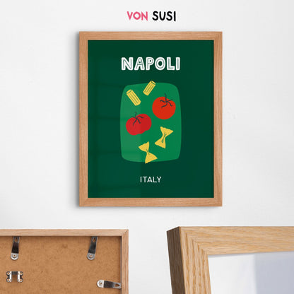 Napoli Poster • Städteposter Neapel Italien • Italy Kunstdruck • Poster mit Pasta und Tomaten in grün - vonSUSI
