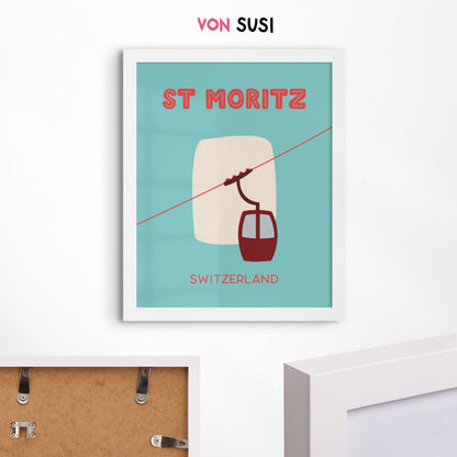Sankt Moritz Poster • Städteposter Schweizer Berge • St Moritz Poster • Poster mit Ski Gondel Motiv in hellblau - vonSUSI