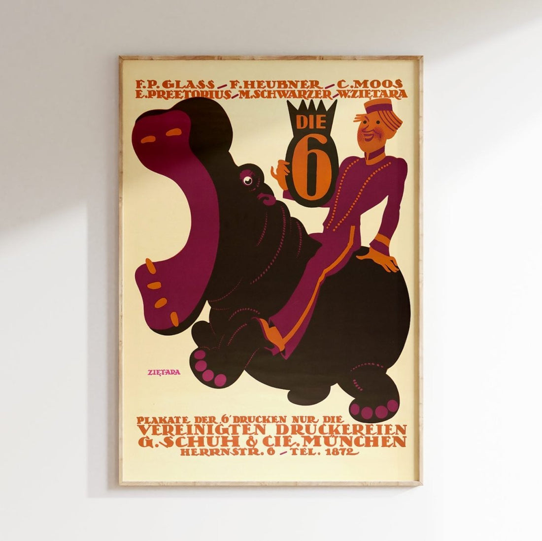 Vintage Vereinigte Druckereien Poster • Retro Plakat aus München mit Nilpferd - vonSUSI